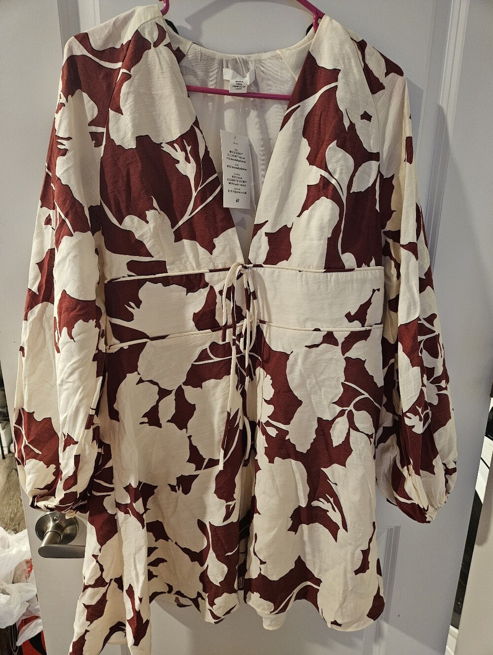 H&M Cream & Dark Red Floral V Neck Dress